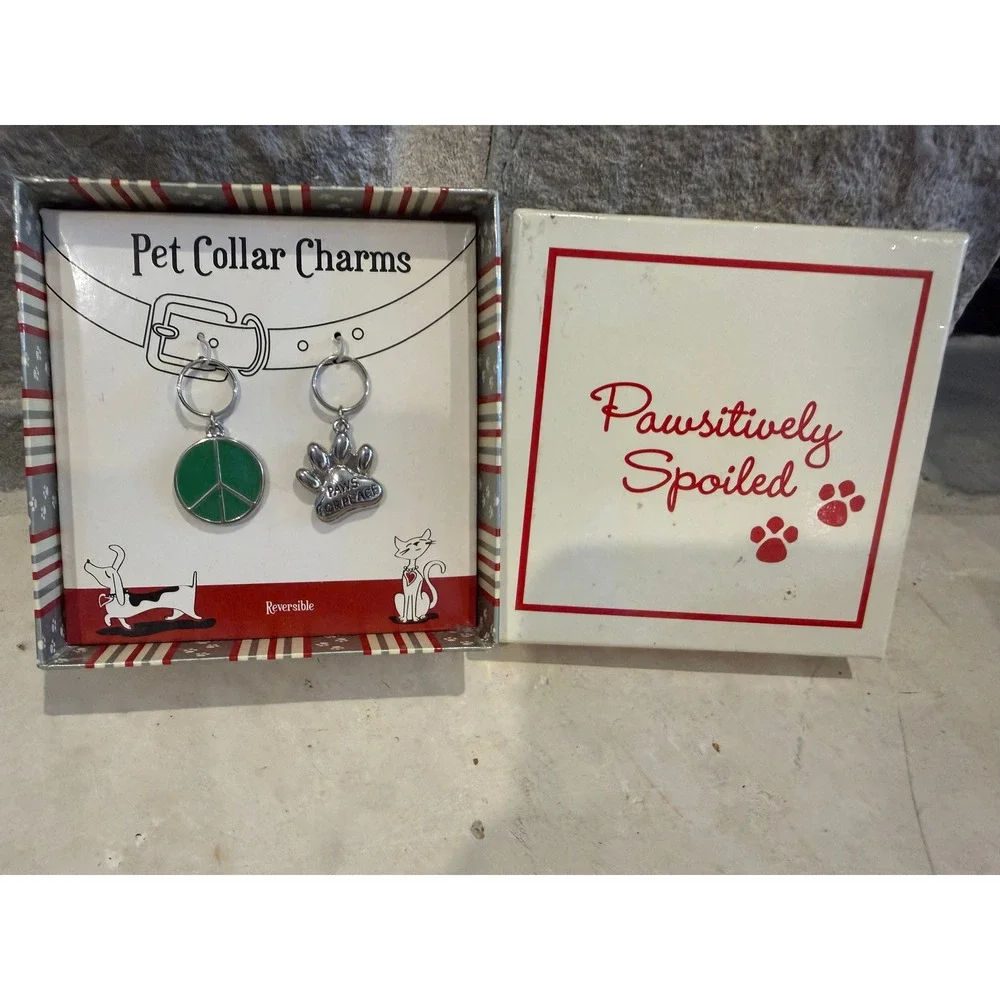 Pawsitively Spoiled Pet Collar Charms Reversible Peace Smiley Paw Print 2pc Set